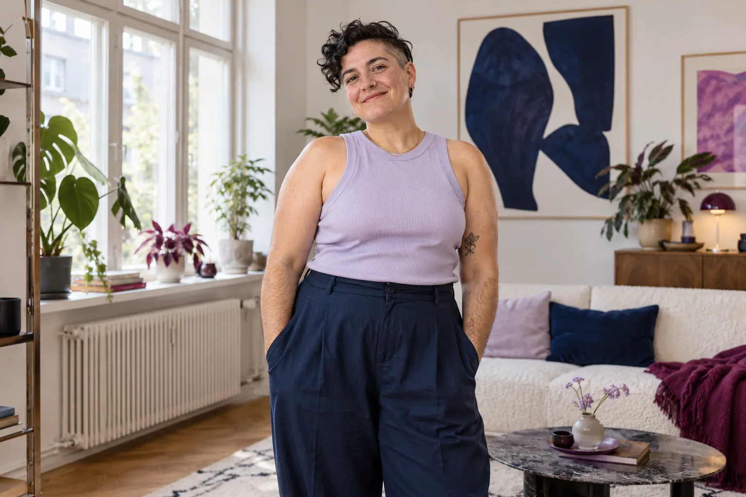 Genderdiverse Person in einem hellen Raum mit entspannter und selbstbewusster Haltung